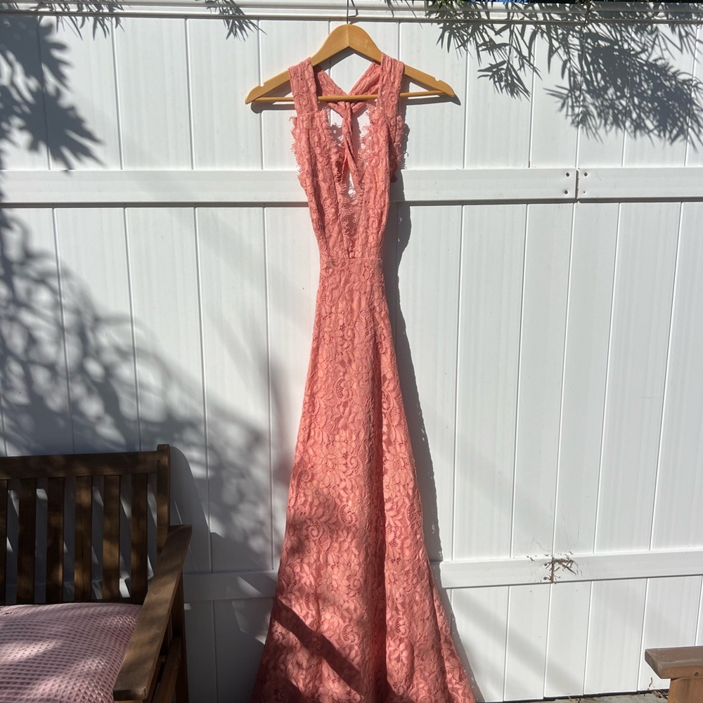 Revolve Coral Pink Lace Evening Gown